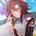  1boy armor dark_red_hair genshin_impact green_eyes hair_between_eyes highres holding holding_paper japanese_armor japanese_clothes long_hair male_focus mole mole_under_eye multicolored_hair one_eye_closed paper red_hair shikanoin_heizou smile solo streaked_hair tahol_dr tears teeth 