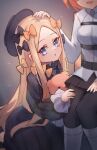  2girls abigail_williams_(fate) belt black_bow black_dress black_headwear black_pantyhose black_skirt blonde_hair blue_eyes blush bow breasts chaldea_uniform collared_shirt dress fate/grand_order fate_(series) forehead fujimaru_ritsuka_(female) hair_bow hat headpat highres long_hair long_sleeves looking_at_viewer medium_breasts miya_(miyaruta) multiple_girls multiple_hair_bows open_mouth orange_bow orange_hair pantyhose parted_bangs ribbed_dress shirt short_hair skirt small_breasts smile stuffed_animal stuffed_toy teddy_bear thighs white_shirt 