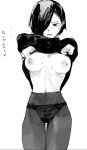  1girl breasts clothes_lift commentary_request cowboy_shot hair_over_one_eye highres kirishima_touka large_breasts long_sleeves looking_at_viewer navel nipples no_bra numuhe open_mouth panties panties_under_pantyhose pantyhose shirt_lift short_hair solo sweatdrop tokyo_ghoul translation_request underwear 