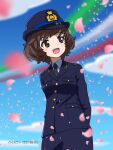  1girl akiyama_yukari arms_behind_back artist_name azzurra_(aeronautica_militare_italiana) azzurra_(aeronautica_militare_italiana)_(cosplay) black_necktie blue_headwear blue_jacket blue_shirt blue_skirt blue_sky blurry blurry_background brown_eyes brown_hair cherry_blossoms cloud cloudy_sky commentary contrail cosplay cowboy_shot dated day dress_shirt female_service_cap girls_und_panzer hat highres insignia italian_air_force jacket long_sleeves looking_to_the_side messy_hair military military_hat military_uniform naotosi necktie open_mouth original outdoors pencil_skirt petals shirt short_hair skirt sky smile solo standing uniform wind wing_collar 