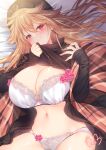  1girl alternate_costume bed_sheet blonde_hair blush bra breasts cleavage clothes_lift commentary_request commission drop.b hat highres junko_(touhou) lace lace-trimmed_bra lace_panties lace_trim large_breasts lifted_by_self long_hair long_sleeves looking_at_viewer lying navel on_back panties red_eyes signature skeb_commission sleeves_past_wrists smile solo touhou turtleneck underwear upper_body white_bra white_panties 