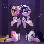  absurd_res clothed clothed_feral clothing duo equid equine female feral friendship_is_magic hasbro hi_res horn kneeling legwear looking_at_viewer looking_back looking_back_at_viewer mammal moonlight_raven_(mlp) my_little_pony nun sunshine_smiles_(mlp) t72b thigh_highs unicorn 