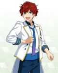  1boy adjusting_clothes amagi_hiiro aqua_eyes buttons clenched_hand cowboy_shot dot_nose earrings ensemble_stars! gradient_necktie happy_elements hoop_earrings jacket jewelry lapels long_sleeves looking_at_viewer male_focus necktie notched_lapels official_art open_clothes open_jacket open_mouth red_hair short_hair sleeves_past_elbows solo split_mouth teeth third-party_source two-tone_necktie upper_teeth_only 