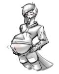  2023 467adv anthro avian belly big_belly bird blush blush_lines bottomwear claws clothing hair low_res male monochrome owl pregnant pregnant_male sketch smile solo topwear 