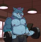  anthro barbell belly belly_overhang blue_body blue_fur blush brick_wall bulge canid canine canis clothed clothing embarassment embarrassed exercise fit_to_fat fur gym hair hi_res lights male mammal muscular muscular_anthro muscular_male navel nipples overweight overweight_anthro overweight_male purple_hair raccsnacc solo wall_(structure) weight_gain weightlifting weights window wolf workout yukon 