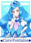  1girl blue_background blue_choker blue_eyes blue_hair blue_theme blue_vest character_name choker cure_fontaine earrings gloves hair_ornament happy_birthday healin&#039;_good_precure heart heart_hair_ornament jewelry long_hair looking_at_viewer magical_girl pom_pom_(clothes) pom_pom_earrings ponytail precure puffy_sleeves sawaizumi_chiyu short_sleeves skirt smile solo split_ponytail tanshi_tanshi upper_body very_long_hair vest white_background white_gloves 