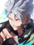  1boy bare_shoulders black_gloves chipp_zanuff earrings gloves grey_hair guilty_gear guilty_gear_strive highres jewelry looking_to_the_side male_focus red_eyes simple_background zarakionn9021 