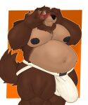  anthro belly big_belly blush brass_instrument brown_body brown_fur bugle canid canine canis clothing doggo_(shantakpup) domestic_dog fur gabgbb hi_res jockstrap male mammal moobs muscular_thighs musical_instrument one_eye_obstructed solo tail underwear wind_instrument 