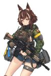  1girl animal_ear_fluff animal_ears assault_rifle blue_shorts blush breasts brown_gloves brown_hair camouflage camouflage_jacket canadian_flag closed_mouth colt_canada_c7 commentary commission digital_camouflage elbow_pads english_commentary foregrip gloves green_jacket green_panties gun gun_sling highres holding holding_gun holding_weapon hybrid_sight jacket leaf_print long_sleeves looking_at_viewer m16 maple_leaf_print medium_breasts military_jacket multicolored_hair optical_sight orange_eyes original panties puffy_long_sleeves puffy_sleeves rifle scope short_shorts shorts shrug_(clothing) sideboob simple_background smile solo streaked_hair syaha tryzub ukrainian_flag underwear vertical_foregrip weapon white_background white_hair 
