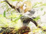  1girl benedikta_harman black_bodysuit blonde_hair bodysuit breasts closed_mouth collarbone copyright_name feather_collar feather_trim feathers final_fantasy final_fantasy_xvi green_feathers long_sleeves outstretched_arms ruka_(blueplus84) short_hair small_breasts solo spread_arms sword twitter_username v-neck weapon white_feathers yellow_eyes 