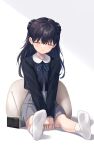  1girl black_hair black_shirt blue_ribbon blush closed_eyes closed_mouth grey_skirt highres long_hair long_sleeves na-ga neck_ribbon no_shoes original ribbon shirt simple_background sitting skirt smile socks soles solo white_background white_socks 