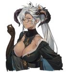  1girl breasts cleavage dark_skin elbow_gloves fang fang_out fediel_(granblue_fantasy) glasses gloves granblue_fantasy grey_hair hashibiro_kou_(garapiko_p) highres horns large_breasts long_hair looking_at_viewer off_shoulder pointy_ears ponytail purple_eyes smirk upper_body white_background 