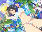  1girl asuka_(senran_kagura) ball beach_umbrella beachball bikini bird black_hair blue_bikini blue_flower blue_sky blush bracelet breasts brown_eyes cloud coconut coconut_tree day falling_petals floral_print flower food food-themed_hair_ornament from_below fruit fruit_hair_ornament fruit_print groin hair_flower hair_ornament hair_ribbon hibiscus highres holding holding_ball holding_beachball jewelry large_breasts leaf lens_flare linea_alba looking_at_viewer official_art orange_hair_ornament outdoors palm_leaf palm_tree petals ponytail rainbow red_flower ribbon seagull see-through see-through_shirt senran_kagura senran_kagura_new_link senran_kagura_shoujo-tachi_no_shin&#039;ei shiny_skin short_hair short_ponytail side-tie_bikini_bottom sky smile solo sparkle standing string_of_flags sweat swimsuit tree umbrella underboob white_flower white_ribbon yaegashi_nan 