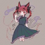  1girl :3 animal_ears artist_name black_nails blunt_bangs blush bow braid cat_ears cat_girl cat_tail closed_mouth commentary_request cropped_legs dated dress green_dress hair_bow hand_up highres hitodama kaenbyou_rin long_hair looking_at_viewer m_(m073111) red_bow red_eyes red_hair solo tail touhou twin_braids 