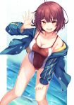  1girl ahoge atelier_(series) atelier_sophie bent_over blush breasts cleavage competition_swimsuit covered_navel fang hand_on_own_knee highres jacket looking_at_viewer one-piece_swimsuit open_clothes open_jacket open_mouth red_eyes red_hair short_hair skin_fang smile solo sophie_neuenmuller swimsuit track_jacket two-tone_swimsuit water waving yanu 