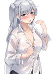  1girl absurdres black_skirt blue_eyes blush breasts buttons cleavage collared_shirt fuyutsuki_(kancolle) grey_hair highres kantai_collection kiritto large_breasts long_hair long_sleeves one_side_up open_mouth shirt simple_background skirt solo sweat upper_body wet wet_clothes wet_shirt white_background white_shirt 