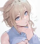  1girl animal_ears blonde_hair blue_eyes cat_ears commission cyobiro facial_mark final_fantasy final_fantasy_xiv finger_to_mouth hair_between_eyes hand_up medium_hair miqo&#039;te parted_lips portrait skeb_commission solo thank_you warrior_of_light_(ff14) whisker_markings white_background 
