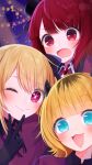  3girls :3 amakami_konomi_(artist) arima_kana black_gloves black_ribbon blonde_hair blue_eyes blurry blurry_background blush bob_cut capelet closed_mouth collared_capelet collared_shirt commentary demon_horns fake_horns gloves hair_between_eyes hat hat_ribbon highres horns hoshino_ruby idol idol_clothes inverted_bob looking_at_viewer memcho mini_hat mini_top_hat multiple_girls neck_ribbon no_pupils one_eye_closed open_mouth oshi_no_ko pink_eyes red_brooch red_capelet red_eyes red_hair red_shirt ribbon shadow shirt short_hair smile sparkle star-shaped_pupils star_(symbol) symbol-shaped_pupils top_hat upper_body v 