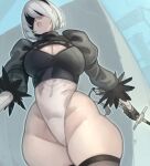 1girl blindfold breasts brown_thighhighs cleavage cleavage_cutout clothing_cutout commentary highleg highleg_leotard highres holding holding_sword holding_weapon kelvin_hiu leotard long_sleeves mole mole_under_mouth nier:automata nier_(series) parted_lips puffy_long_sleeves puffy_sleeves short_hair solo sword thick_thighs thighhighs thighs weapon white_hair yorha_no._2_type_b 