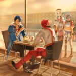  2boys 2girls aaron_wei agnes_claudel blue_eyes chair closed_eyes coat cropped_jacket dog_tags eating eiyuu_densetsu feri_al-fayed food green_eyes hat headband holding holding_spoon ice_cream kuro_no_kiseki long_hair mikamikiseki multicolored_hair multiple_boys multiple_girls ponytail red_hair shoes short_hair sitting sneakers spoon sundae two-tone_hair van_arkride 