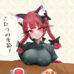  1girl absurdres animal_ears braid breast_rest breasts cat_ears cat_girl closed_mouth commentary_request cup extra_ears food highres kaenbyou_rin looking_at_viewer pointy_ears red_eyes red_hair side_braids slit_pupils smile solo speech_bubble sugar_you touhou translation_request twin_braids upper_body 