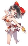  1girl :d ahoge alternate_costume armpit_peek asakura_maru ass bad_anatomy ball bare_legs bikini bow breasts brown_eyes brown_hair collarbone commentary_request cropped_legs frilled_bow frilled_hair_tubes frills hair_bow hair_tubes hakurei_reimu hand_up happy highres legs_apart long_hair looking_at_viewer looking_back medium_breasts open_mouth red_bikini red_bow simple_background single_bare_arm smile solo standing swept_bangs swimsuit touhou twisted_torso white_background wrist_cuffs 