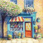  basket brick_wall colored_pencil_(medium) dariapnevaillustration day door flower flower_shop lantern no_humans original outdoors picture_(object) pink_flower road shop signature stained_glass still_life street traditional_media tree yellow_flower 