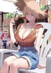  2girls artoria_pendragon_(fate) artoria_pendragon_(lancer)_(fate) bare_shoulders blonde_hair blue_shorts breasts brown_shirt chair cleavage collarbone contemporary fate/apocrypha fate/grand_order fate_(series) food green_eyes hair_between_eyes hat highres ice_cream large_breasts long_hair mordred_(fate) mordred_(fate/apocrypha) mordred_(memories_at_trifas)_(fate) multiple_girls n.e_(sakura-233) shirt shorts sidelocks sitting sleeveless sleeveless_shirt solo_focus straw_hat sunglasses thighs 