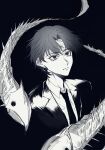  1boy absurdres bandaged_head bandages black_background black_eyes black_hair black_suit chrollo_lucilfer earrings formal highres hunter_x_hunter indoor_fish jewelry looking_up male_focus monochrome necktie nen_(hunter_x_hunter) shirt short_hair simple_background solo spi_11011 suit white_shirt 