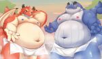  anthro bake_gosut balls barely_visible_balls barely_visible_genitalia belly blue_body blush cetacean dragon duo eyebrows genitals hi_res horn hot_spring male male/male mammal marine moobs navel nipples offering_hand one_eye_closed oumi_(tamacolle) overweight red_body scar tamacolle thick_eyebrows towel water wink 