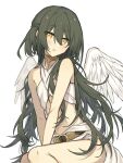  1010_neg 1girl angel_wings bare_arms blush crop_top green_hair hair_between_eyes highres long_hair looking_at_viewer original parted_lips simple_background sitting v_arms very_long_hair white_background wings yellow_eyes 