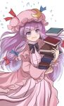  1girl blue_bow blue_ribbon blush book book_stack bow bowtie breasts capelet commentary crescent crescent_hat_ornament dress dropping flying_sweatdrops hair_bow hat hat_ornament hat_ribbon highres holding holding_book large_breasts long_hair mob_cap namiki_(remiter00) open_mouth patchouli_knowledge purple_bow purple_bowtie purple_eyes purple_hair red_bow red_ribbon ribbon robe simple_background solo striped striped_dress touhou very_long_hair white_background wide_sleeves 