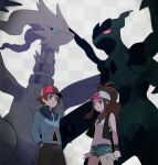  1boy 1girl antenna_hair black_pants black_shirt black_vest black_wristband blue_jacket blurry brown_eyes brown_hair closed_mouth green_shorts hand_in_pocket hat hilbert_(pokemon) hilda_(pokemon) jacket jaho long_hair open_clothes open_vest pants poke_ball_print pokemon pokemon_(creature) pokemon_(game) pokemon_bw ponytail reshiram shirt short_hair short_shorts shorts sidelocks vest white_background white_shirt zekrom zipper_pull_tab 