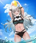  1girl :d a0lp animal_ears arknights armpits arms_up ass_visible_through_thighs ball beachball bikini black_bikini blue_sky blush breasts day grey_eyes grey_hair highres holding holding_ball holding_beachball lappland_(arknights) large_breasts long_hair looking_at_viewer navel open_mouth outdoors scar scar_across_eye scar_on_face sky smile solo stomach swimsuit teeth upper_teeth_only very_long_hair wading water wolf_ears 