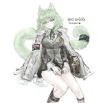  1girl animal_ears arknights black_ribbon black_skirt blade breasts cat_ears cat_girl cat_tail character_name feet_out_of_frame green_eyes green_hair grey_vest harmonie_(arknights) head_tilt highres infection_monitor_(arknights) jacket jacket_on_shoulders large_breasts long_hair long_sleeves looking_at_viewer necktie open_clothes open_jacket pomopomoinu presenting ribbon simple_background sitting skirt solo tail tail_ornament tail_ring thighs vest white_background white_jacket 