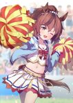  absurdres animal_ears blue_jacket breasts brown_hair cheerleader crop_top highres holding holding_pom_poms horse_ears horse_girl horse_tail jacket midriff navel nice_nature_(run&amp;win)_(umamusume) nice_nature_(umamusume) one_eye_closed pom_pom_(cheerleading) ponytail roar_yell!_tracen_academy_cheerleading_squad_(umamusume) sweatdrop tail taitan umamusume yellow_eyes 