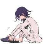  1boy barefoot checkered_clothes checkered_scarf danganronpa_(series) danganronpa_v3:_killing_harmony from_side full_body looking_down motion_lines oma_kokichi pants purple_eyes purple_footwear purple_hair putting_on_shoes scarf short_hair sitting solo straitjacket thigh_strap white_background white_pants xiao_(grsnss25) 