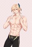  1boy abs black_male_swimwear blonde_hair feathers genshin_impact hair_ornament highres kaveh_(genshin_impact) male_focus male_swimwear muscular muscular_male navel nipples pale_skin red_eyes rourouki short_hair smile solo topless_male towel towel_around_neck 