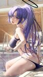  1girl accidental_exposure ass bare_shoulders bikini blue_archive blush breasts commentary from_side halo high_ponytail highres holding large_breasts long_hair nanaken_nana open_mouth parted_bangs purple_eyes purple_hair soaking_feet solo swimsuit thighs water wet yuuka_(blue_archive) 