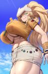  1girl abs absurdres barghest_(fate) blonde_hair blue_sky breasts fate/grand_order fate_(series) green_eyes high_ponytail highres huge_breasts long_hair looking_at_viewer midriff muscular muscular_female navel open_mouth shiroshisu sidelocks sky smile solo thick_thighs thighs underboob 