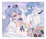  1girl :o altaria blue_gloves blue_nails border bright_pupils commentary_request crossover double_bun eyelashes gloves grey_eyes grey_hair hair_bun hair_ribbon hatsune_miku holding holding_poke_ball kyaiware long_hair loose_socks nail_polish parted_lips poke_ball poke_ball_(basic) pokemon pokemon_(creature) project_voltage ribbon rowlet see-through see-through_shorts see-through_sleeves socks twintails vocaloid white_border white_pupils white_socks 