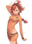  1girl aqua_eyes bike_shorts bodysuit breath covered_navel eitopondo gundam gundam_suisei_no_majo hairband highres long_hair looking_at_viewer open_mouth orange_bodysuit ponytail red_hair short_eyebrows simple_background solo suletta_mercury white_background 