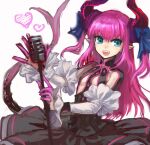  1girl :d black_dress blue_bow blue_eyes bow breasts commentary_request cowboy_shot curled_horns detached_sleeves dragon_girl dragon_horns dragon_tail dress elizabeth_bathory_(fate) elizabeth_bathory_(fate/extra_ccc) fate/extra fate/extra_ccc fate_(series) finger_cots hair_bow heart horns long_hair looking_at_viewer mogukk open_mouth pink_hair pointy_ears revealing_clothes sarkany_csont_landzsa simple_background small_breasts smile solo tail teeth two_side_up upper_teeth_only white_background white_sleeves 