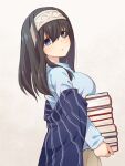  1girl black_hair blue_eyes blue_shirt blush book book_stack breast_rest breasts carried_breast_rest carrying cropped_torso grey_background grey_hairband hair_between_eyes hairband holding holding_book idolmaster idolmaster_cinderella_girls long_hair long_sleeves looking_at_viewer looking_to_the_side medium_breasts parted_lips revision sagisawa_fumika shawl shirt simple_background sleeves_past_wrists solo uccow upper_body 