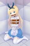  1girl alice_(alice_in_wonderland) alice_in_wonderland apron ball_gag blonde_hair blue_eyes commentary_request dress empty_eyes frilled_dress frills gag gagged hairband highres long_hair padded_walls raftetram restrained sitting solo straitjacket tearing_up thighhighs wariza 
