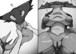  absurd_res anthro areola biped breasts crouching dragapult drakloak female feral generation_8_pokemon genitals group hi_res looking_at_viewer menyang monochrome navel nintendo nipples pokemon pokemon_(species) pussy question_mark trio 