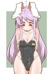  1girl animal_ears blush_stickers breasts cleavage closed_mouth commentary covering covering_chest covering_crotch cowboy_shot frown holding_leotard large_breasts leotard_removed long_hair looking_down name_tag nervous_sweating panties playboy_bunny rabbit_ears red_eyes reisen_udongein_inaba solo standing sweat topless touhou twitter_username underwear white_panties zannen_na_hito 