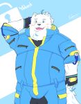  absurd_res anthro belly blue_eyes blush clothing fingerless_gloves fur gloves handwear hi_res jumpsuit kakeru_sadakata lifewonders live_a_hero male overweight solo superhero white_body white_fur yohack 