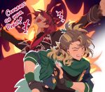  2boys absurdres black_jacket black_shirt blonde_hair brown_hair cape covered_eyes crazy_laugh crazy_smile crown earrings english_text fire gloves goldbullet green_cape highres holoarmis holostars holostars_english jacket jewelry jurard_t_rexford long_hair mararu multicolored_hair multiple_boys one_eye_closed open_mouth outline outstretched_arms partially_fingerless_gloves ponytail red_hair sharp_teeth shirt short_hair smile spread_arms streaked_hair sweatdrop teeth two-tone_hair upper_body virtual_youtuber white_outline yellow_eyes 