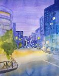  building city highres light night night_sky no_humans original painting_(medium) plant purple_sky road sakaue111 scenery sky street traditional_media window 
